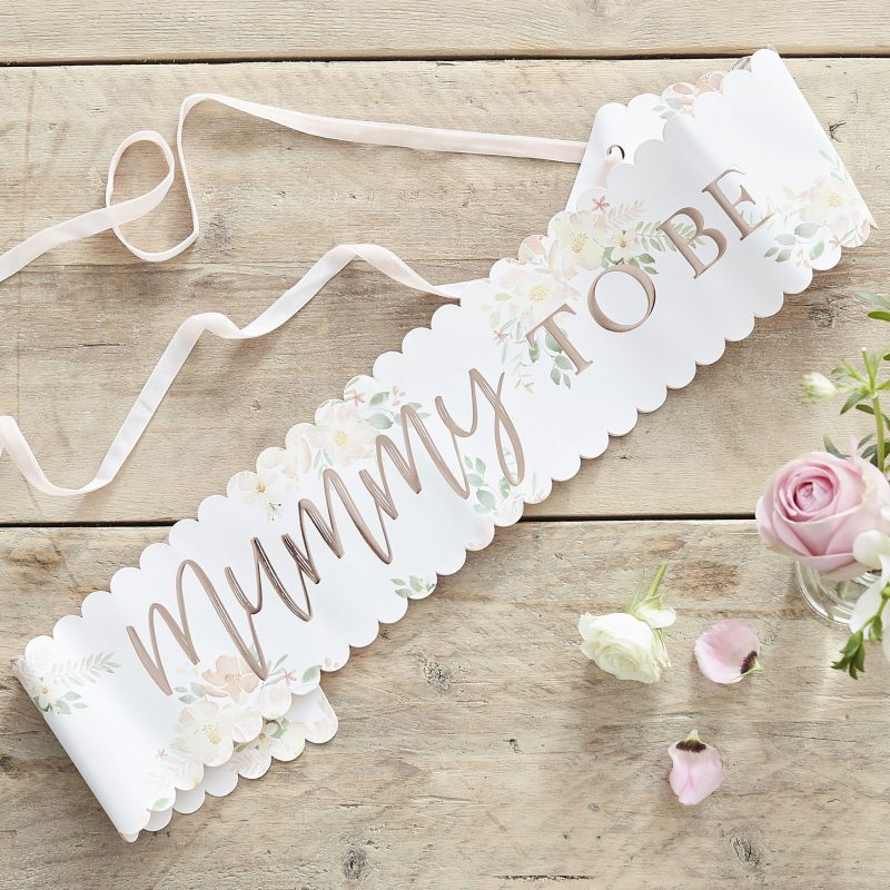 Schärpe in creme weiß mit Blumendesign und rosegoldenem Print Mummy to be