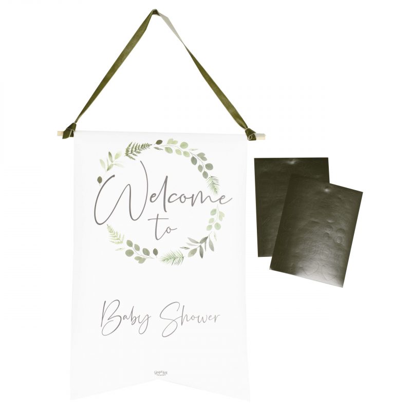 Detailaufnahme mit dem Schild Welcome to Babyshower und der Möglichkeit der Personalisierung.