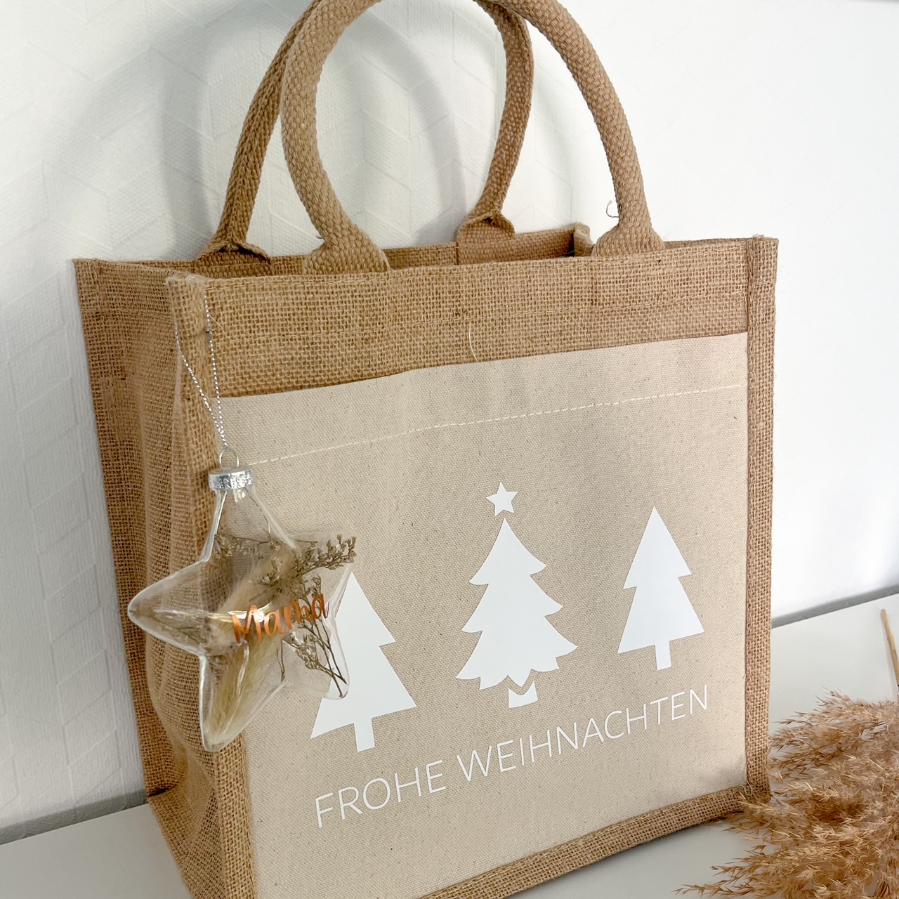 Jutetasche Frohe Weihnachten Tannenbäume – Bild 4