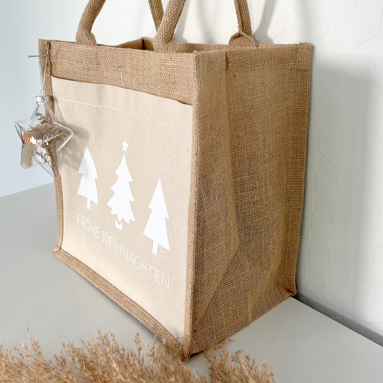 Jutetasche Frohe Weihnachten Tannenbäume – Bild 3